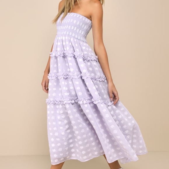 Lulus Beautiful Sentiments Lavender Floral Strapless Tiered Midi Dress Purple - Picture 1 of 1